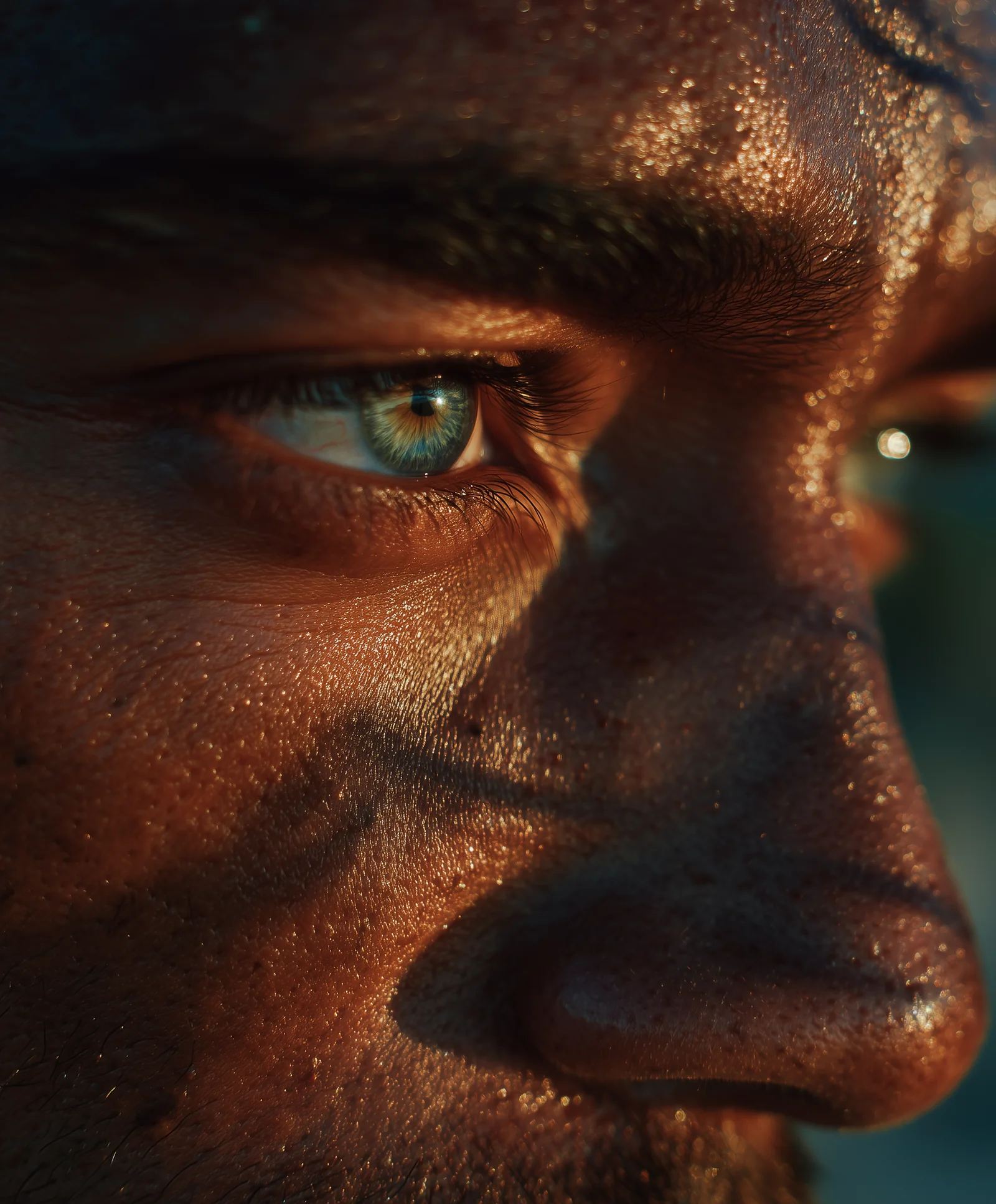 Close-up of an eye and cheekbone in warm, low sunlight