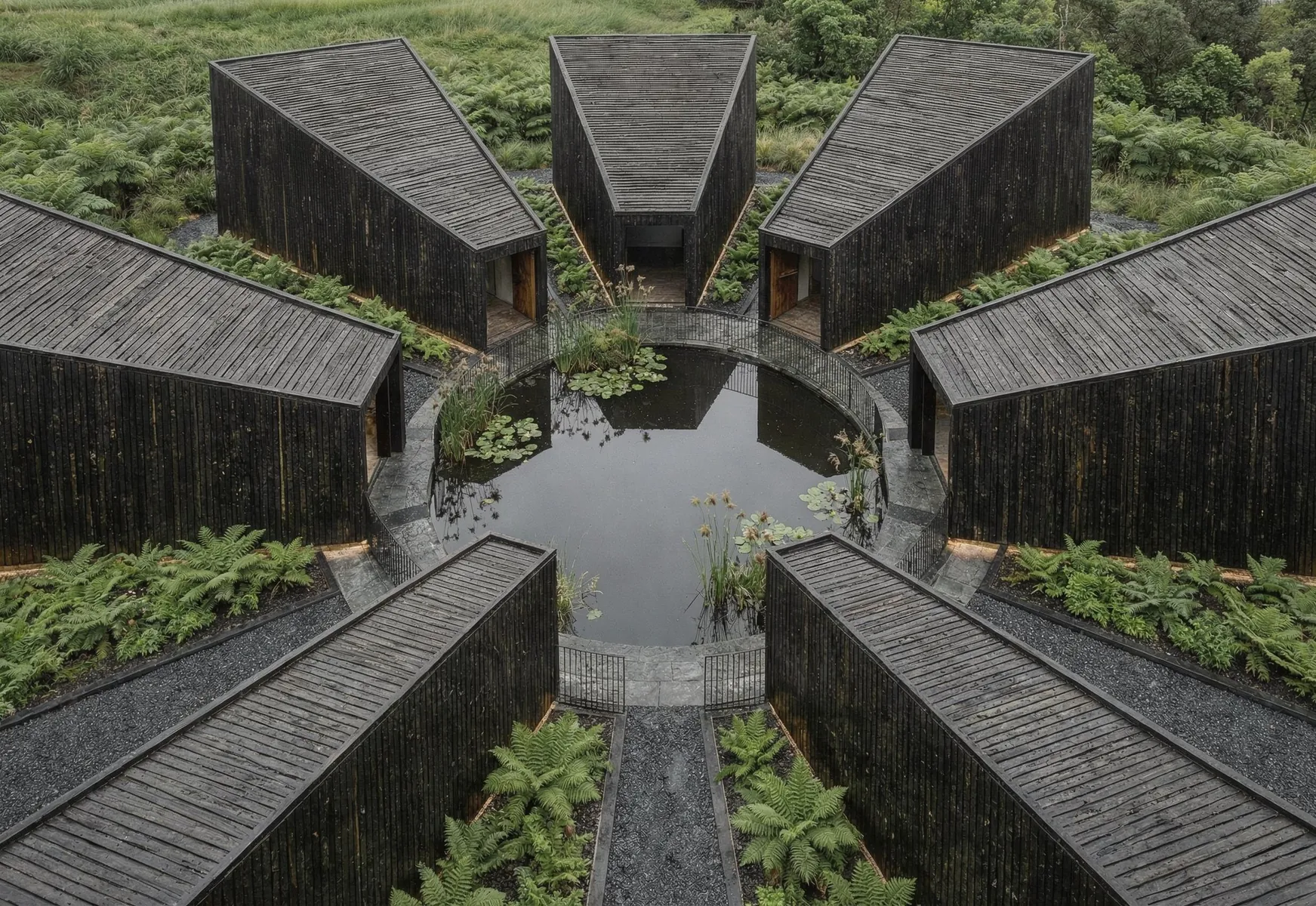Timber pavilions in a fern garden