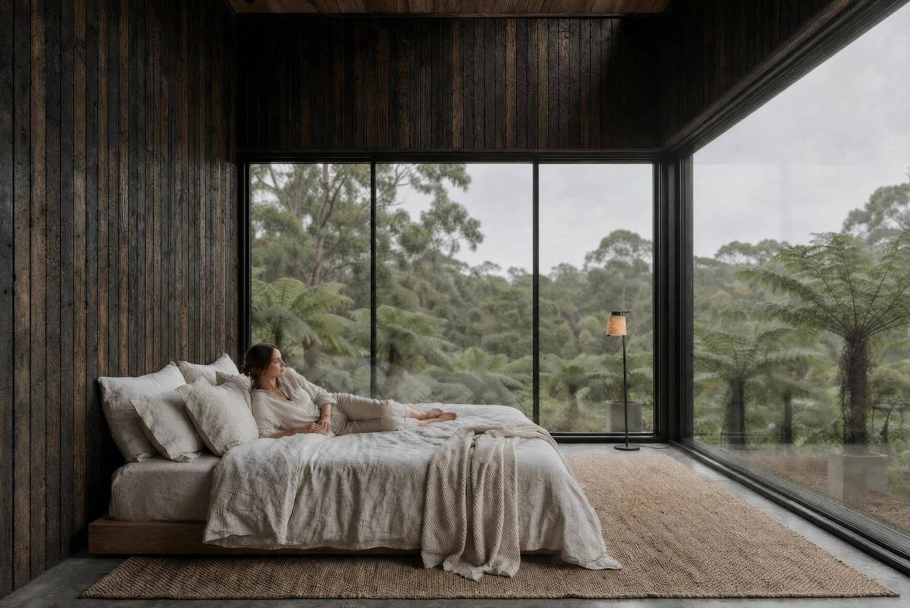 Timber pavilions in a fern garden