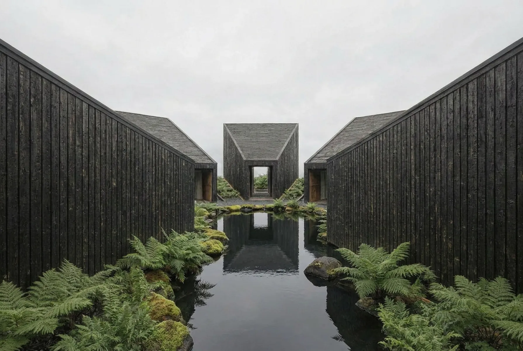 Timber pavilions in a fern garden