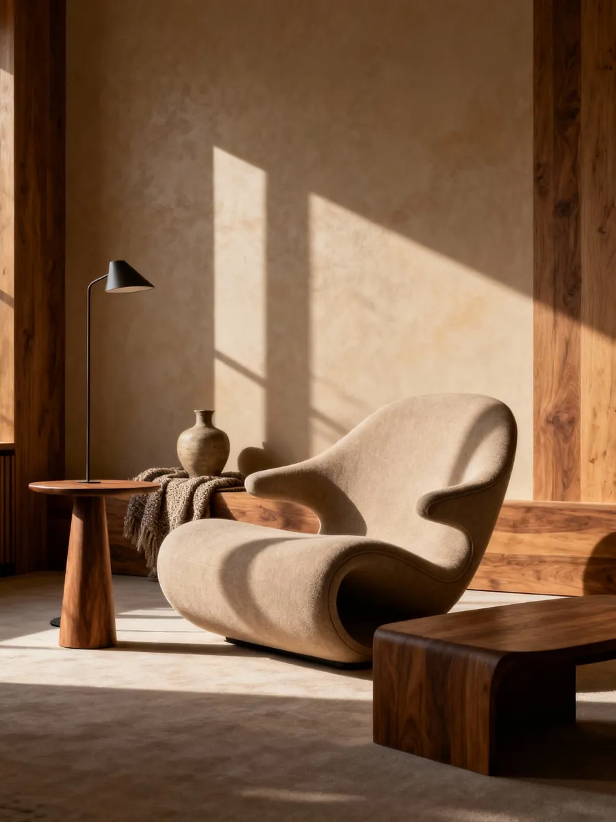 Warm living room with a sculptural chair