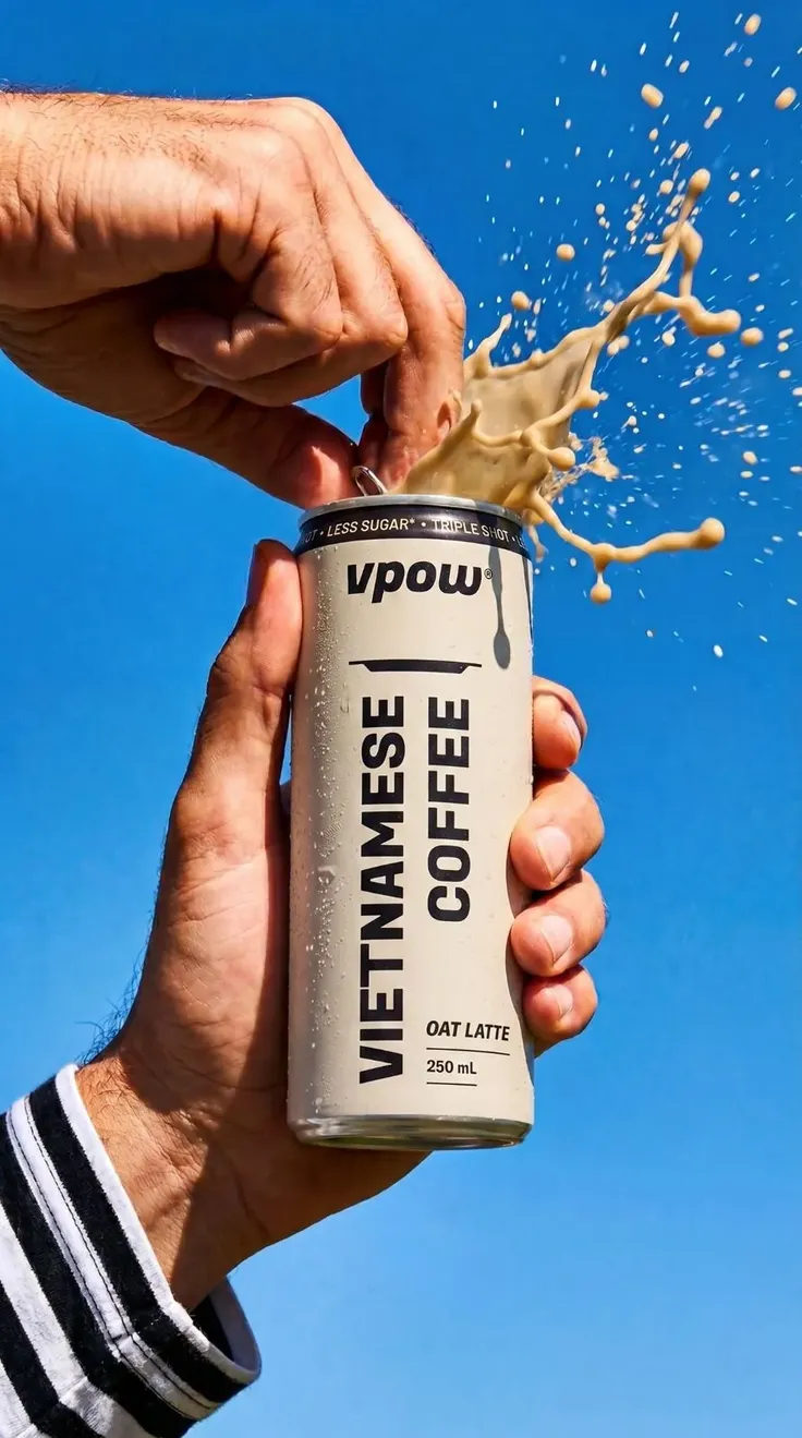 A VPOW Vietnamese coffee can held against a blue sky, coffee splashing from the top